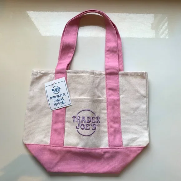 New Trader Joe's Mini Canvas Tote Bags Pink and Purple - Picture 2 of 3